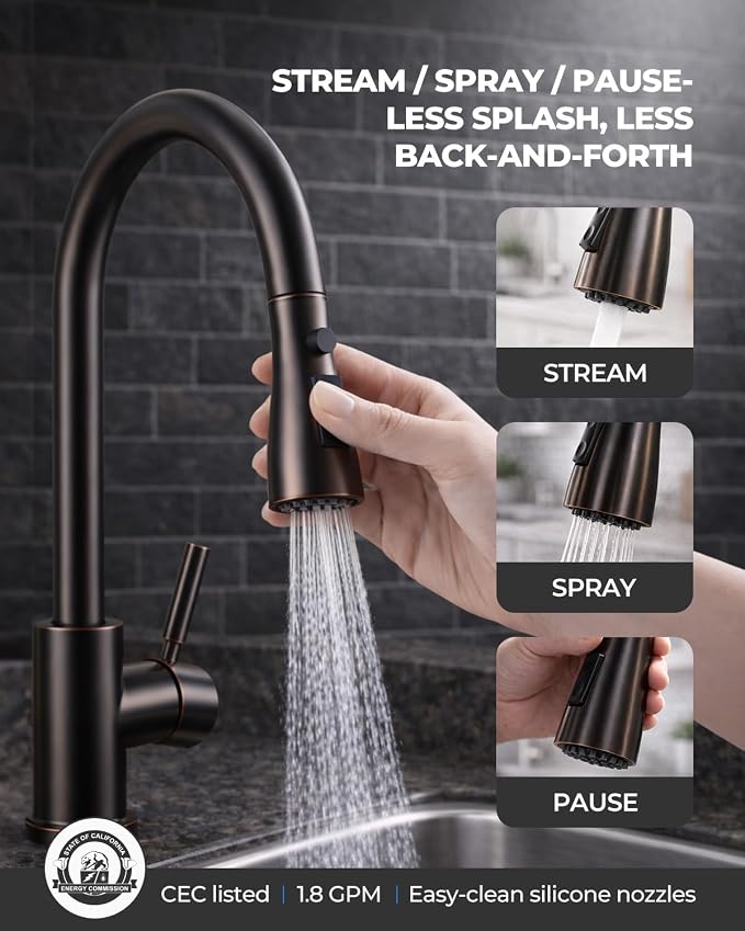 WEWE Kitchen Faucets with Pull Down Sprayer, Stainless Steel Single Handle 1 Hole for Family Kitchen Commercial Camper Laundry Rv Bar, Oil Rubbed Bronze