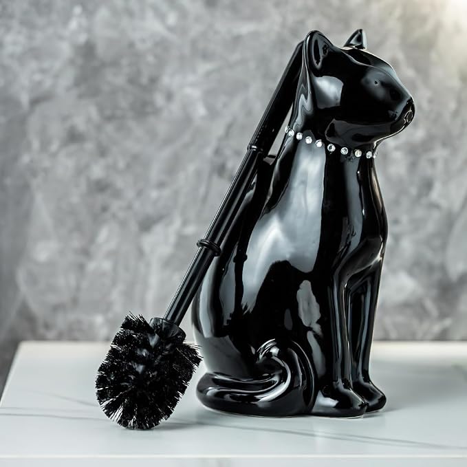 Cat Toilet Brush Holder - Ceramic Whimsical Feline Design with Wide-Mouth Storage, Black Toilet Bowl Brush and Holder Set Cute for Bathroom Ground, Easy-Clean Cat Lover Gift (White)