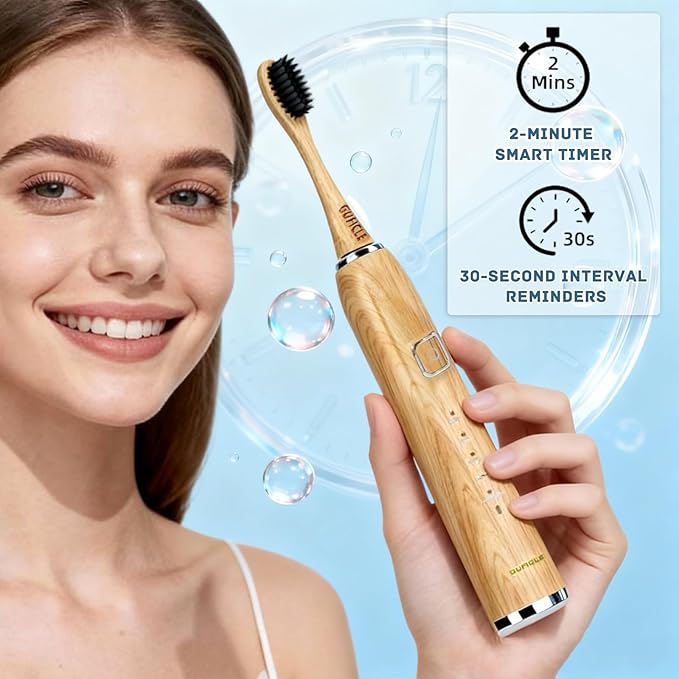 Sonic Electric Toothbrush with Bamboo Heads, Bamboo Electric Toothbrush for Adults, Smart Timer,Sonic Technology 38000 VPM, 4 Replacement Heads, 5 Modes, IPX7 Waterproof, 80-Day Battery Life