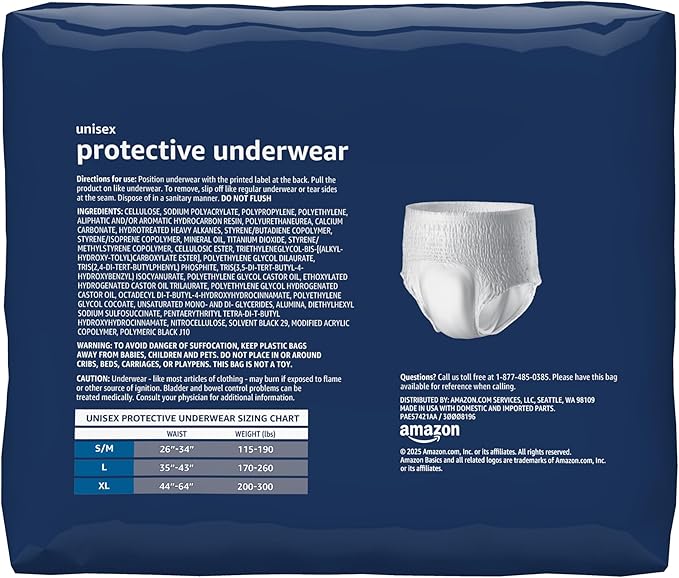 Amazon Basics Unisex Protective Underwear, Overnight Absorbency with Odor Protection, Soft, Extra Large, 48 Count (4 Packs of 12)