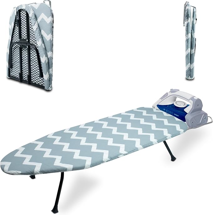 Metal Mesh Panel Tabletop Ironing Board | Foldable Iron Board | Heavy Duty Small Iron Board with Heat Resistant Cover and 100% Cotton 8mm Thicken Pad (Elegant Wave)