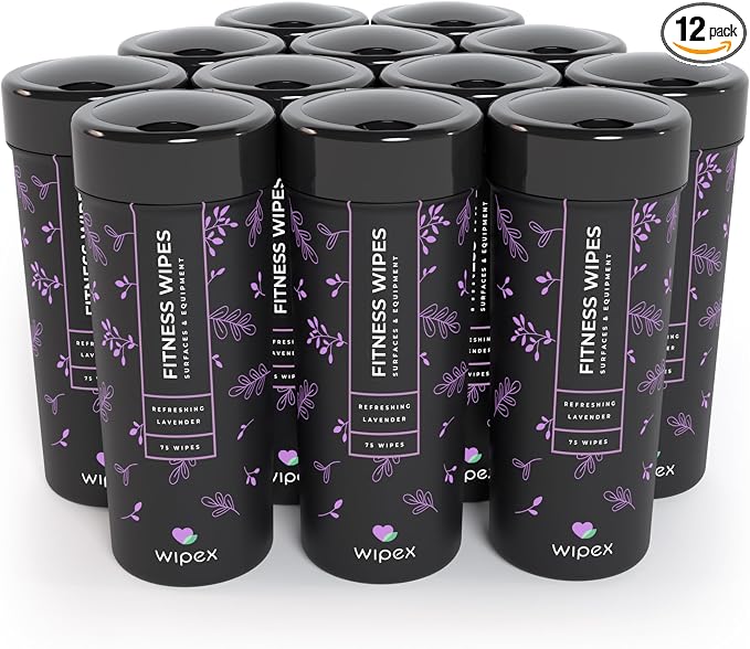 Wipex Yoga Mat Cleaner & Fitness Gym Wipes - Natural Lavender & Vinegar - 75 Count for Cleaning Yoga Mats, Spinning & Peloton Bikes, Weight Machines & Surfaces - 12 Pack Case
