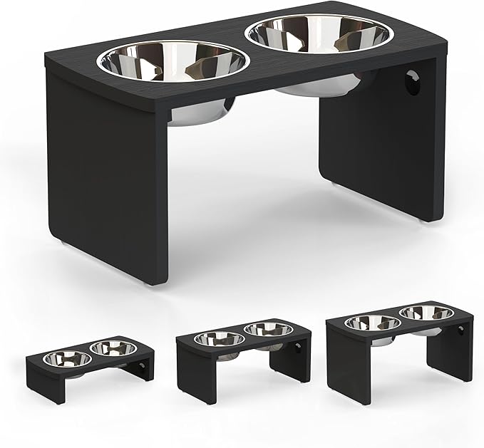 Elevated Dog Bowls, Waterproof Raised Dog Bowl for Medium & Large Dogs, HIPS Poly Lumber Stand with 2 Stainless Steel Bowls, Indoor & Outdoor Use (10'' Tall–48 oz Bowl, Black)