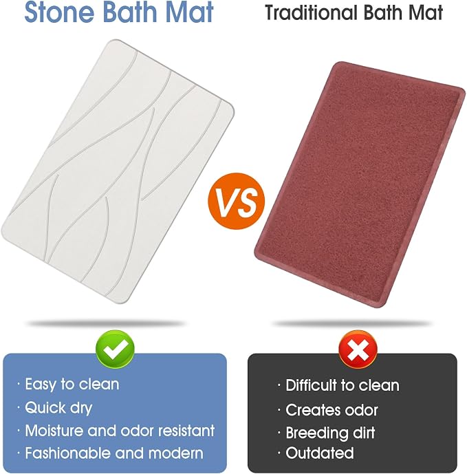 Veeloim Stone Bath Mat Diatomaceous Earth Shower Mat Non-Slip Super Absorbent Diatomite Stone Bath Mats for Bathroom Floor Quick Drying Natural Easy to Clean(23.6''×15.4" White)