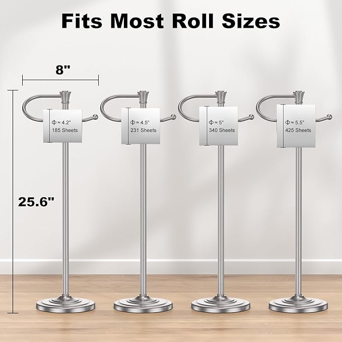 Toilet Paper Holder Free Standing, 25” H Stainless Steel Nickel Toilet Paper Stand, Weighted Base Floor Tissue Roll Holder for Bathroom,Toilet Roll Stand