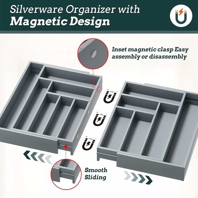Silverware Organizer Large, Magnetic Connected Expandable 13 Slots Silverware Drawer Organizer from 21 to 37.4 Inches, Adjustable Flatware and Cutlery Holder, Bamboo Utensil Tray for Kitchen Gray