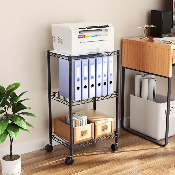 Golpart Small 3 Tier Shelves Storage Wire Shelving Unit Metal Shelf Adjustable Organizers Storage Shelving with Wheels for Bathroom Laundry Room Kitchen Pantry11.7”D x 17.7”W x 30.7”H Black