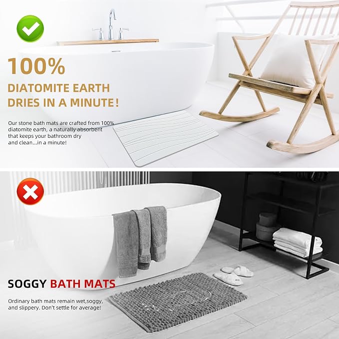 Extra Large Stone Bath Mat, 30'' x 17'' Diatomaceous Earth Non-Slip Stone Shower Mat, Super Absorbent Diatomite Stone Mats for Bathroom White XL Flow