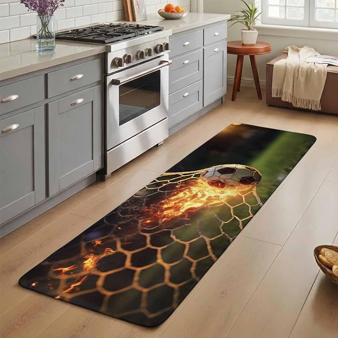 Flaming Soccer Bathroom Runner Rugs Non Slip Washable Absorbent Narrow Long Bath Mat Goal Net Powerful Fire Orange Grass Green Runner Rugs for Kitchen Hallway Bedroom Laundry Study Room 19.7"x63"