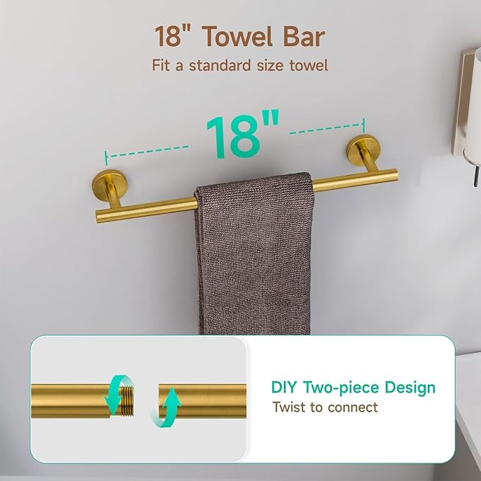 USHOWER Brushed Gold Bathroom Accessories Set, 18-Inch Towel Bar Set Wall Mounted, Durable SUS304 Stainless Steel Bathroom Hardware Set, 4-Piece