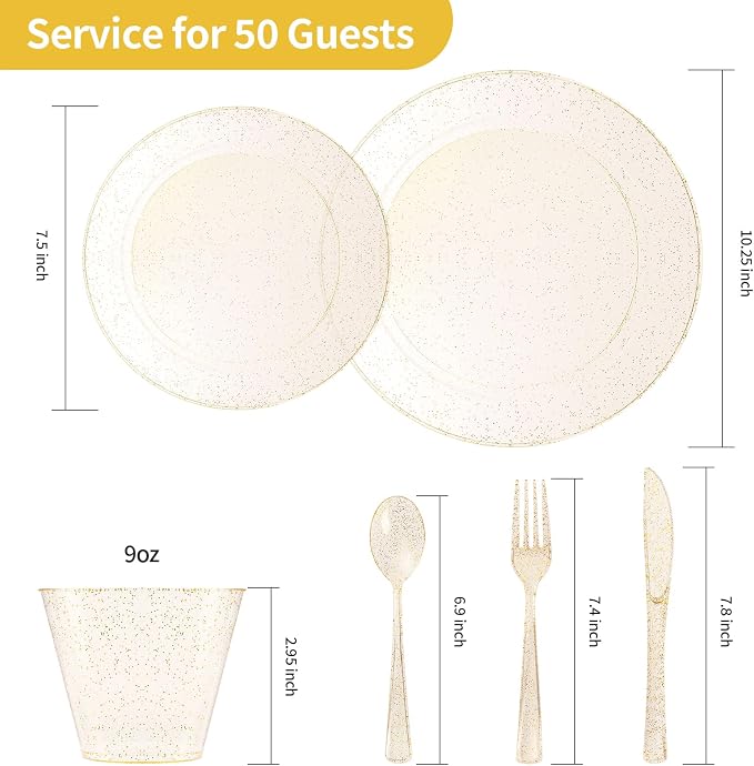 Goodluck 300 Piece Gold Glitter Disposable Plates for 50 Guests, Plastic Plates for Party, Wedding, Dinnerware Set of 50 Dinner Plates, 50 Salad Plates, 50 Spoons, 50 Forks, 50 Knives, 50 Cups