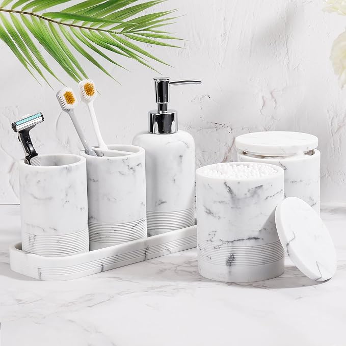 Bathroom Accessories Set, 6-Piece Bathroom Accessory Set, Toothbrush Holders Set, Soap Dispenser, Vanity Tray, Tumbler, Cotton Swab Jars, Bathroom Organizer for Modern Bathrooms (Marble White)