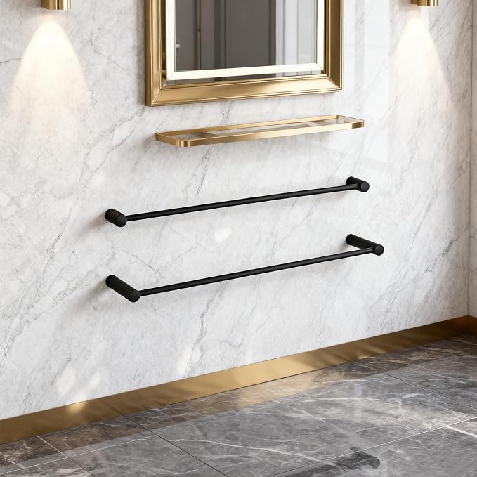 Towel Racks for Bathroom, NEWRAIN 30 inch Double Bath Towel Bar Wall Mounted, Stainless Steel Kitchen Towel Holder, Matte Black Towel Rod Towel Rail Hange