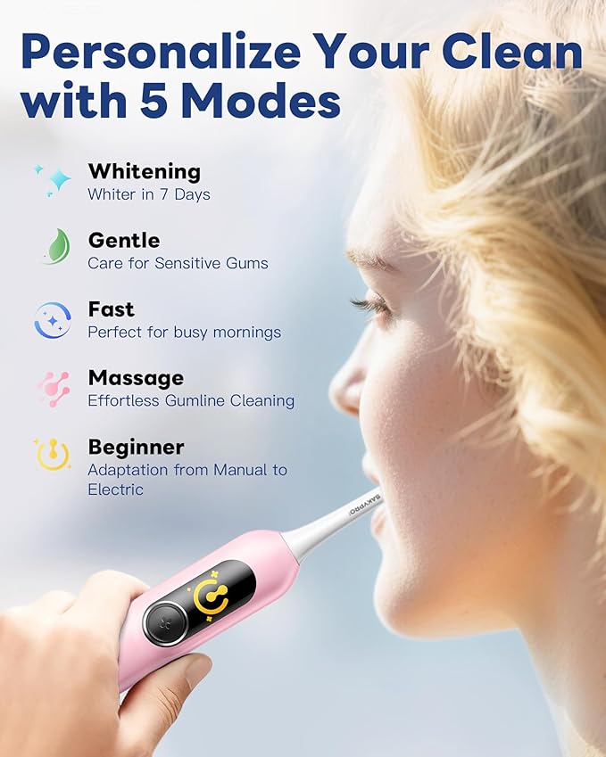 SAKYPRORAL AI Electric Toothbrush for Adults, Sonic Rechargeable Whitening Toothbrush with 6-Zone Tracking, Soft Replacement Heads & Travel Case (Pink, 1 Count with 6 Brush Heads)