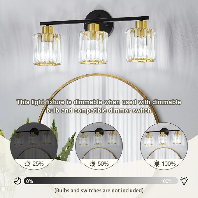 Crystal Bathroom Light Fixtures, Bathroom Lighting Fixtures Over Mirror, Modern Black Gold 3-Light Vanity Lights for Mirror, Restroom, Bedroom (Ceramic E26 Socket,Bulbs Not Include)
