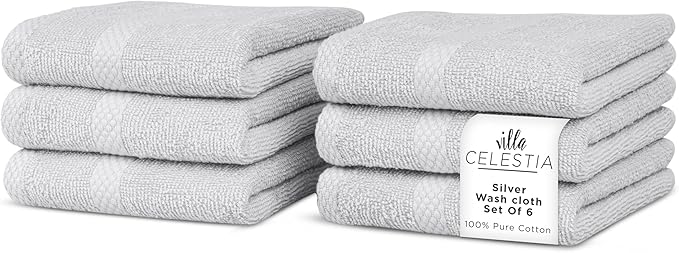 Villa Celestia Cotton Washcloths Set of 6, 12x12 Inch, 100% Ring-Spun Combed Cotton, Soft Absorbent Quick-Dry Wash Cloths for Face and Body, Oeko-TEX Certified, Hotel & Spa Quality, Silver Grey