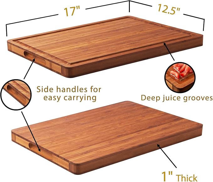 Allsum Large Wood Cutting Board for Kitchen, 1” Thick Bamboo Cheese Charcuterie Board, Butcher Chopping Block, with Juice Grooves and Handles