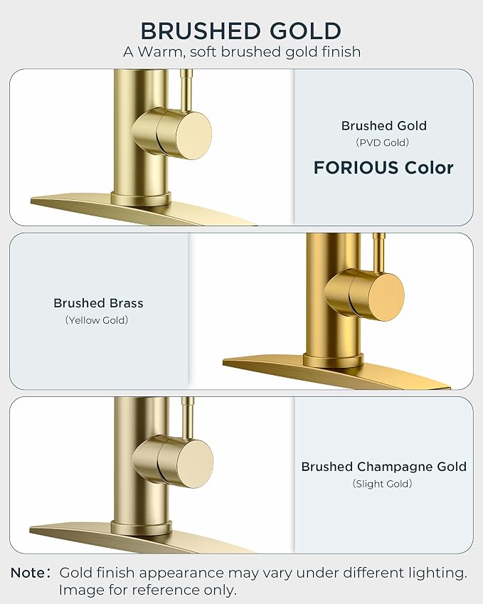 FORIOUS Gold Kitchen Faucet with Soap Dispenser, High Arc Modern Sink Faucet with Pull Down Sprayer and Deck Plate Fit for 1 or 3 Hole for Pot Filler Bar Farmhouse Laundry Rv, Brushed Gold