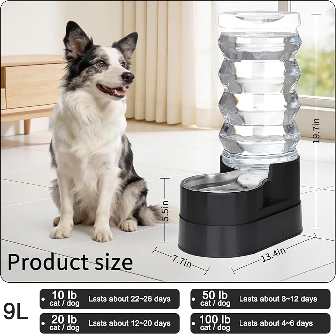 RIZZARI 9L Elevated Dog Water Dispenser: Filtered Gravity Waterer | Stainless Steel Bowl /Gravity Fed/No Power Needed/ Anti-Spill Base/Senior Dogs & Large Breeds/Indoor/Outdoor