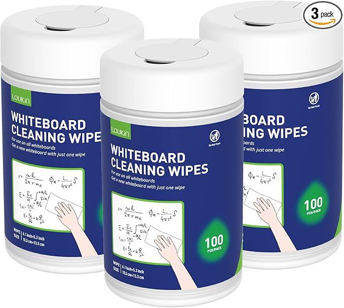 Loukin Whiteboard Cleaning Wipes, Dry Erase Board Cleaning Wipes, Non-toxic Whiteboard Wipes, 100 Wipes per Canister, 3 Pack