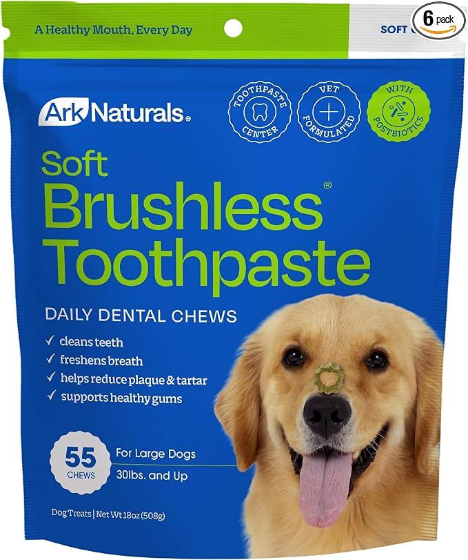 ARK NATURALS Soft Brushless Toothpaste for Large Breeds, 18 oz Bag, Soft-Baked Dog Dental Chew with Toothpaste Center, Freshen Breath, Reduce Plaque & Tartar (Pack of 6)