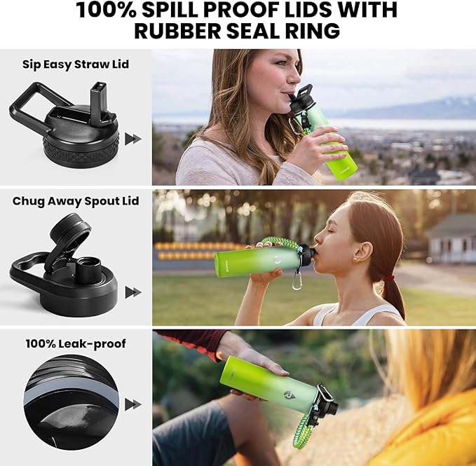RAYMYLO Insulated Water Bottle 24 oz, Triple Wall Vacuum Stainless Steel (Cold for 24Hrs, Hot for 12Hrs), Leak Proof & Non-BPA, Modern Water Flask Jug with Paracord Handle & Straw Spout Lids