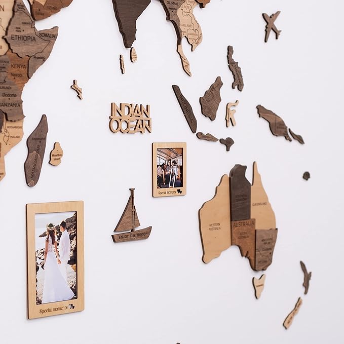 Enjoy The Wood 3D Wooden World Map Wall Art - Large Travel Map with Pins for Art Decor - Decorative Map of the World for Home, Office - Travel Wall Art Housewarming Gift Idea (Photo Frames, Pins)