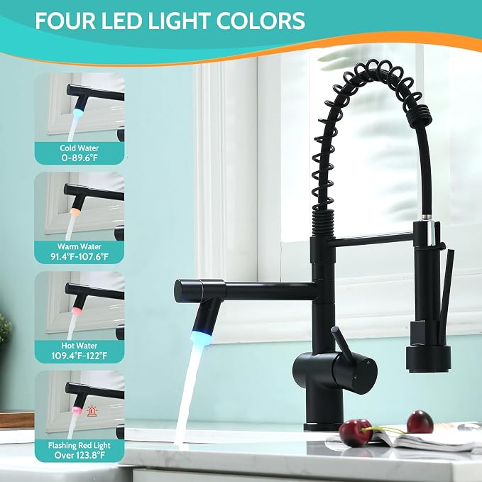 Kicimpro Matte Black LED Kitchen Faucet with Pull Down Sprayer, 304 Stainless Black Faucet for Kitchen Sink, Modern Single Handle High Arc Bar Kitchen Sink Faucet for One Hole Or Three Hole Sink