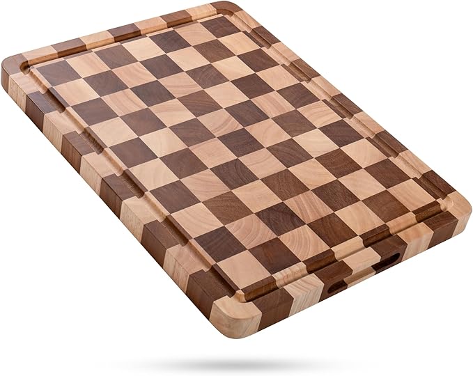 Checkered Cutting Board for Kitchen - Wood Thick Checkerboard End Grain Chopping Board with Handle & Juice Groove, Double Sided for Cooking, Serving and Decor, Rectangular 16" x 12" x 1"