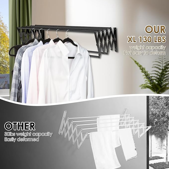 XL-31.5" Wall Clothes Drying Rack, Retractable Mounted Rack Black | 7 stainless rods, staggered for faster drying. Rustproof. Expands to 25.6"D. Folds flat for storage. Mounting hardware.