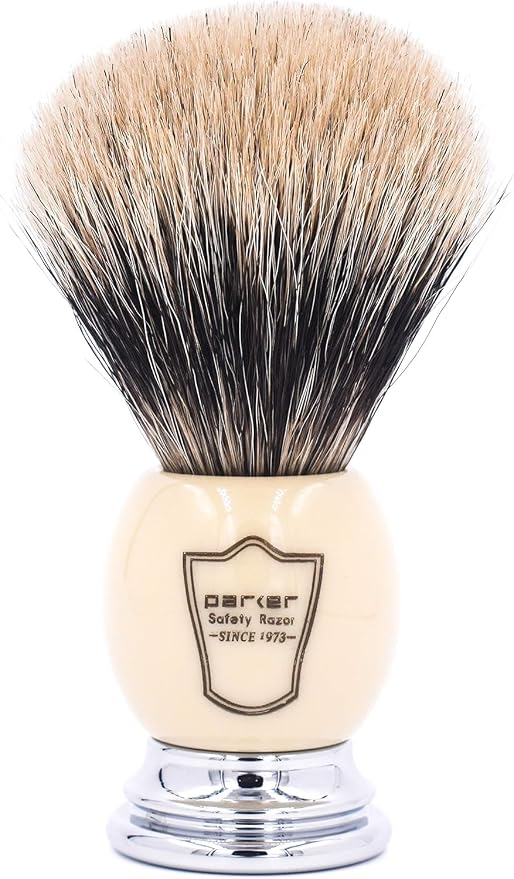 Parker Pure Badger Shaving Brush with Faux Ivory & Chrome Handle + Stand | 22mm Knot for Rich Lather | Handcrafted Shaving Tool for Cream or Soap | Classic Wet Shaving Brush | Iconic Brand