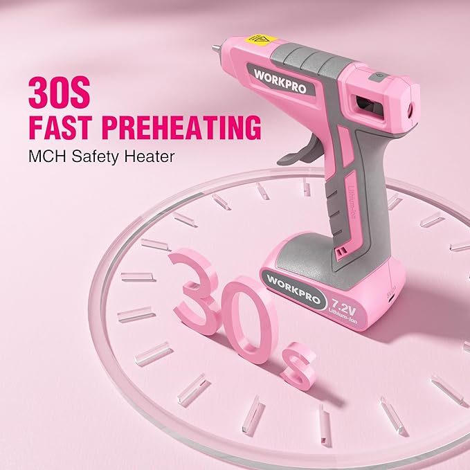 WORKPRO Pink Cordless Hot Melt Glue Gun, 7.2V Rechargeable Fast Preheating Glue Gun Kit with 20 Pc Premium Mini Glue Stick, Automatic-Power-Off Hot Glue Gun for Art, Craft, Decoration - Pink Ribbon