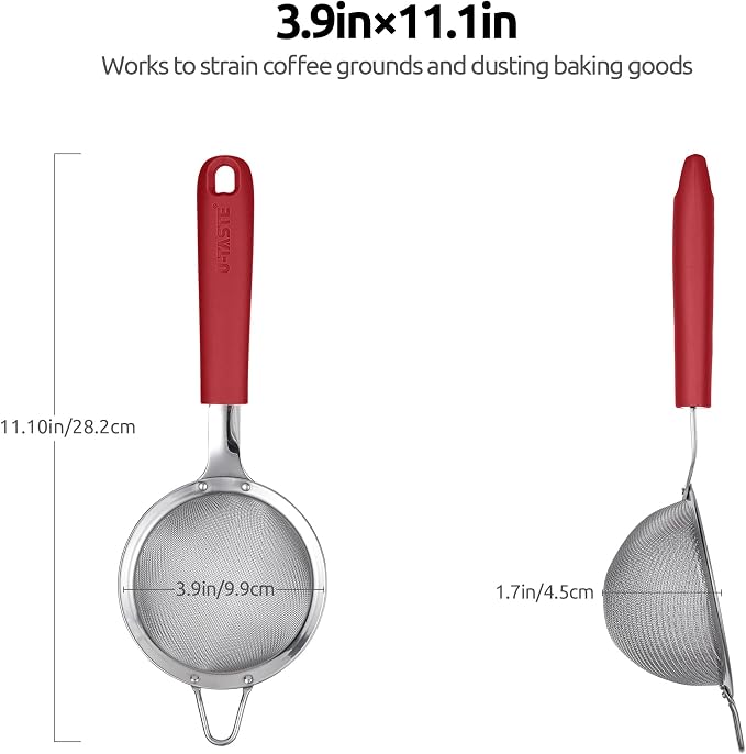 U-Taste 10 Piece Measuring Cups and Spoons Set in 18/8 Stainless Steel, and 18/8 Stainless Steel 3.9 inch 30 Mesh Strainer (Red)