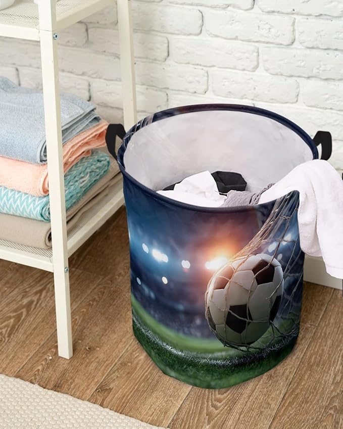 Collapsible Laundry Basket 42L, Football Storage Bin Laundry Hamper with Handles, Goal Net Soccer Sports Orange Blue Green Waterproof Clothes Baskets for Bathroom/Bedroom 13.8 x 17 In