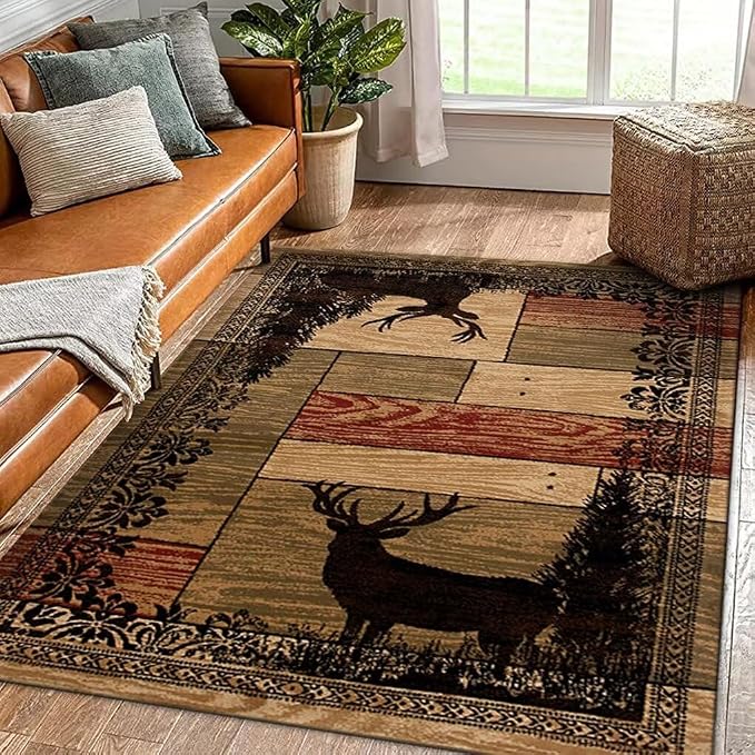 Contemporary Rustic Cabin Rug for Dining Room Non-Slip Vintage Rugs Luxury Moose Deer Print Carpet Retro Floor Mat 4'x6'