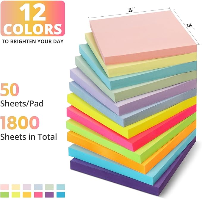 Taja Sticky Notes, 36 Pads, 3x3 Inches Self-Stick Note Pads, Perfect for Office, Study, and Daily Life Organization - Bright