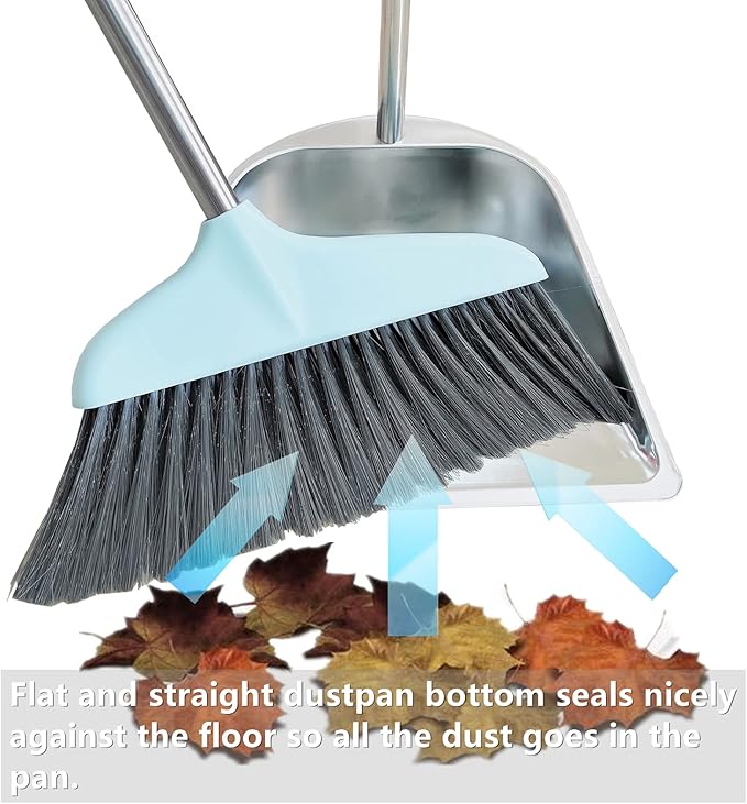 Dustpan and Broom Set - 33.5" Long Handle Dust Pan Indoor Outdoor Stainless Steel Dust Pans, Household Heavy Duty Standing Dustpan and Broom for Home Room Lobby Office