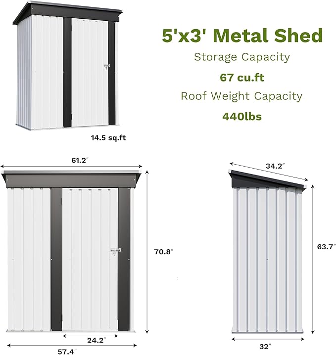 Patiowell 5x3 FT Outdoor Storage Shed, White | Garden Tool Shed, Sloping Roof, Lockable Door, Small Metal Sheds for Backyard Garden Patio Lawn