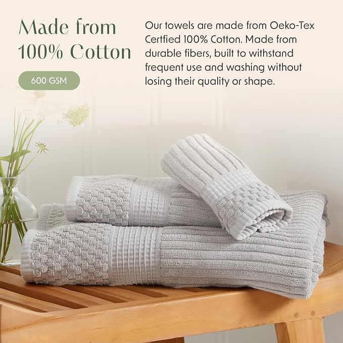 Springtree Home 100% Cotton Bath Towel Set | 6-Piece Set | Textured | Grey | Absorbent & Quick-Dry Bathroom Towels | Textured and Durable Cotton Towels for Bathroom | OEKO-TEX | Krista Collection