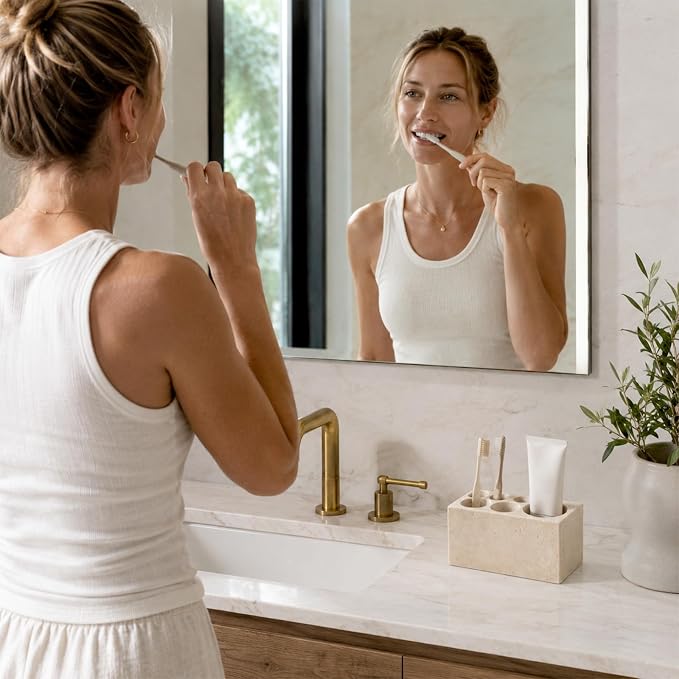 BCS Travertine Toothbrush Holder for Bathrooms, 6 Slots Open-Bottom Marble Toothbrush Organizer, Makeup Brush Stand Toothbrush Storage Collection for Bathroom Countertop Vanity Organization - Beige