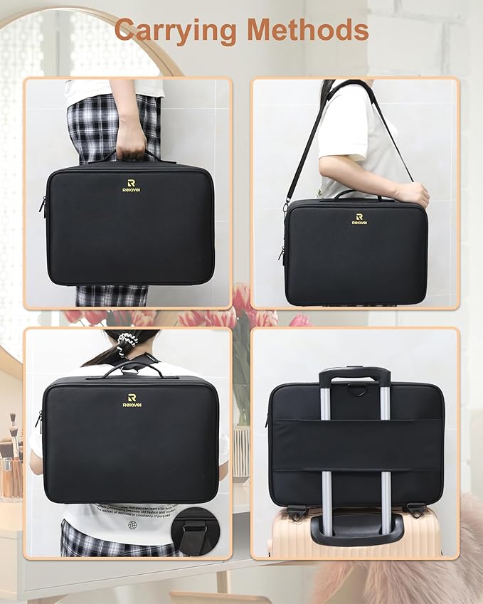 Relavel Large Makeup Case Professional Cosmetic Storage Organizer Box Brush Holder with 3 Clear Set Bags and Adjustable Dividers for Makeup Artists with Shoulder Strap