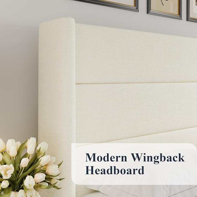 Allewie Full Size Chenille Lift Up Hydraulic Storage Bed Frame Cream White | Chenille Fabric Upholstered, Modern Wingback Headboard, Hydraulic Support Storage, No Box Spring Needed