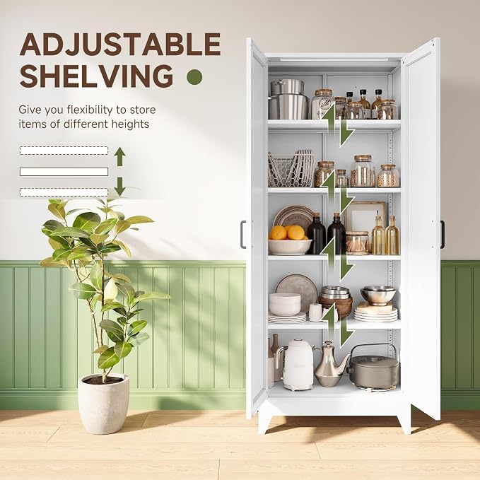 75" H Metal Storage Cabinet with 2 Doors and 4 Shelves,Tall Kitchen Pantry Cabinets,Farmhouse Utility Pantry Organizers for Cupboard/Dining/Bathroom/Home Office/Garage,White