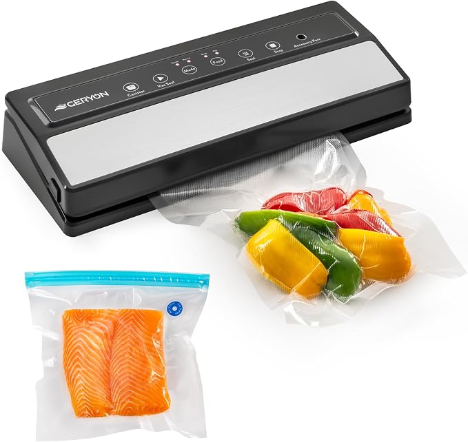 GERYON Food Vacuum Sealer Machine for Dry & Moist Food, Compact Design | Includes reusable vacuum bags and a roll for sous vide, meal prep and freezer storage, with easy LED touch controls.