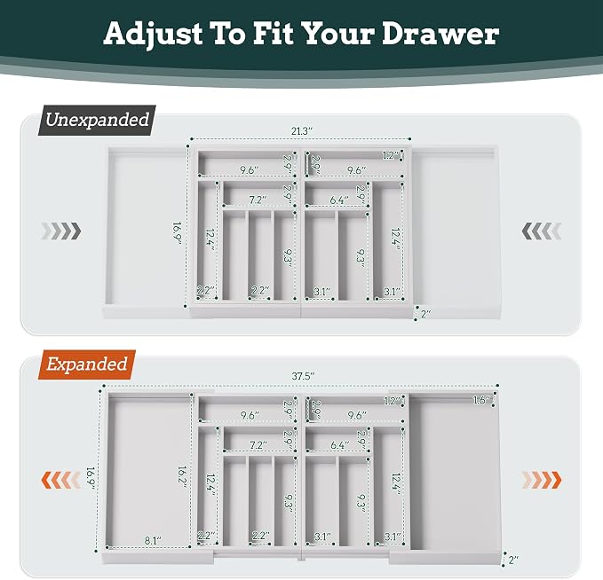Silverware Organizer Large, Magnetic Connected Expandable 13 Slots Silverware Drawer Organizer from 21 to 37.4 Inches, Adjustable Flatware and Cutlery Holder, Bamboo Utensil Tray for Kitchen White