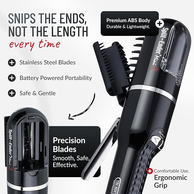 Split-Ender Mini 2 – Original Cordless Split End Hair Trimmer for Dry, Damaged, Brittle, Curly, Frizzy, or Straight Hair – Rechargeable Hair Clipper, Home Styling Tool for Split Ends (Black)