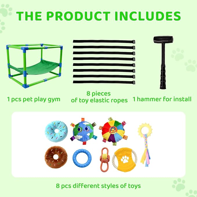 Puppy Play Gym with Hammock 8 Hanging Toys, Dog Jungle Gym Indoor Pets Cats Toys, Teething Chew Toys Puppy Gym Activities Center for Cats Adjustable Playground for Small Dogs at Home PVC Frame