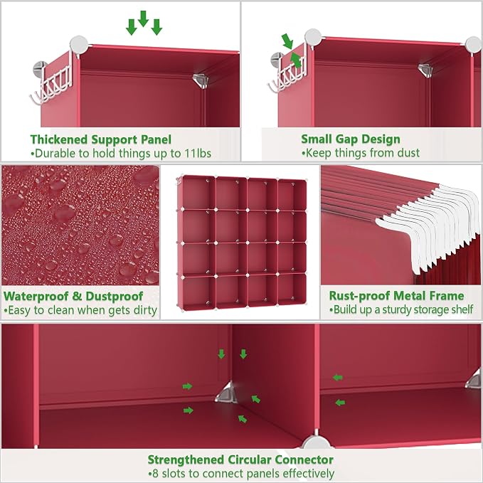 C&AHOME 16 Cube Storage Organizer Cube Shelves Units Storage Cubes, Red | Plastic DIY Closet Organizer, Stackble Modular Closet Storage Shelves Ideal for Home, Bedroom, 48.4" L × 12.4" W × 48.4" H