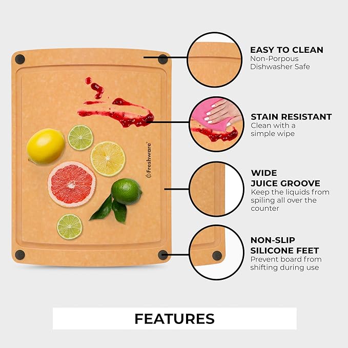 Freshware Wood Cutting Boards for Kitchen, Juice Groove, Non-Slip Silicone Feet, Dishwasher Safe, Medium 12" x 9" and Large, 15" x 11.25", Set of 2, Natural