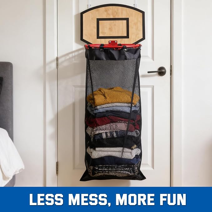 Basketball Laundry Hamper, Over The Door Hoop with Laundry Basket, Sports-Themed Hamper Organizer Set with Backboard, Ball, Net, Air Pump & Hooks for Bedroom or Bathroom